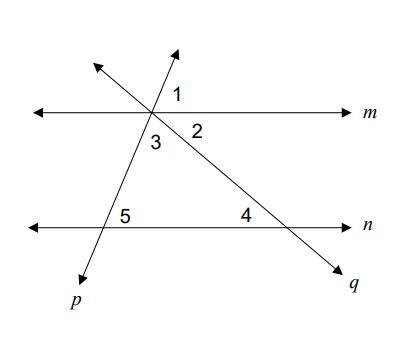 In the figure, line m is parallel to line n. The measure of angle 2 is 40 degrees and the measure of