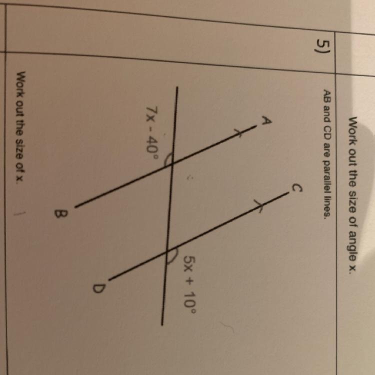 AB and CD are parallel lines.Work out the size of x.
