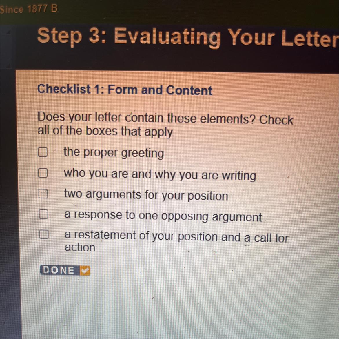 Checklist 1: Form and ContentDoes your letter contain these elements? Checkall of the boxes that apply.the
