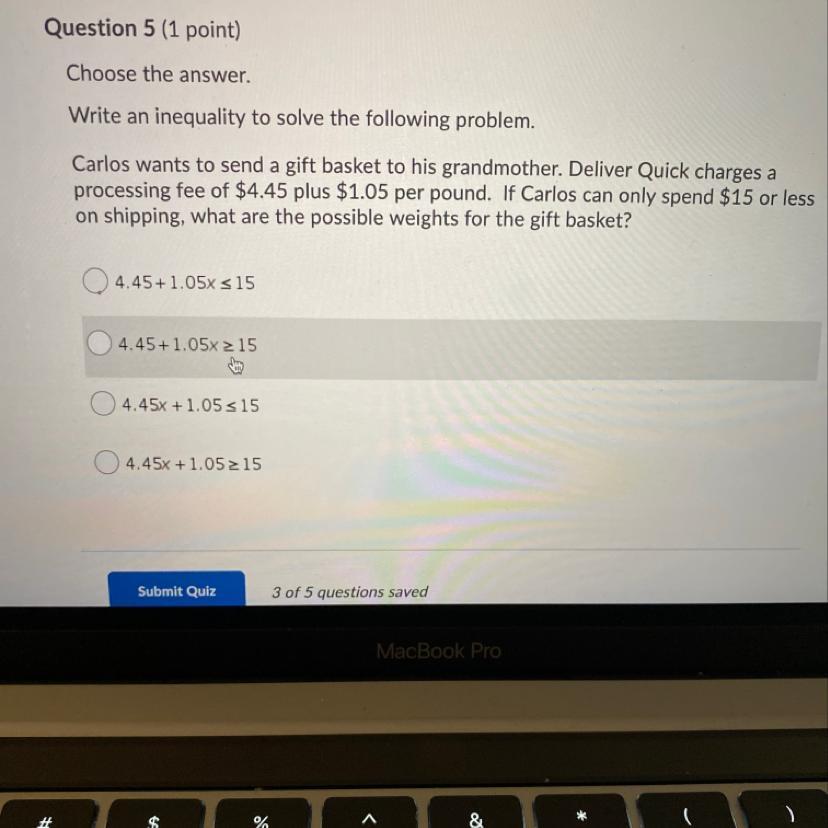 Write an inequality to solve the following problem.Carlos wants to send a gift basket to his grandmother.