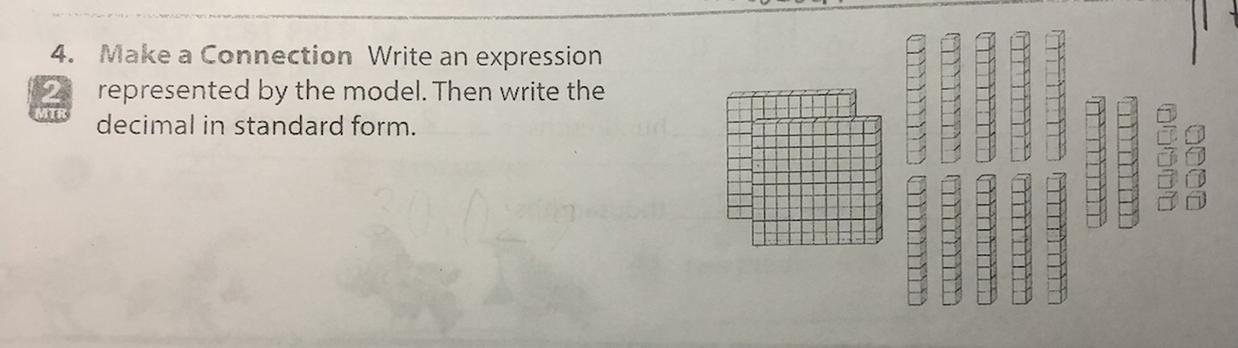 Write an expression represented by the model. Then write thedecimal in standard form.