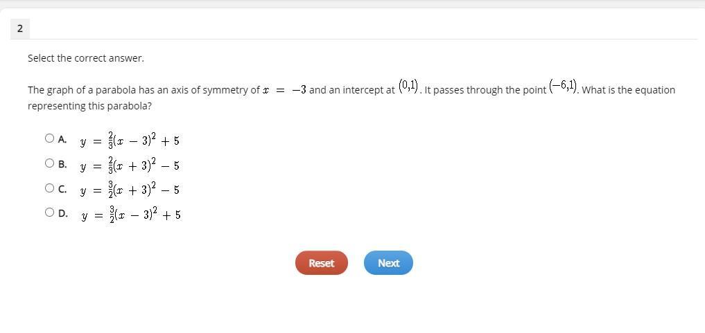 The graph of a parabola has an axis of symmetry of and an intercept at . It passes through the point