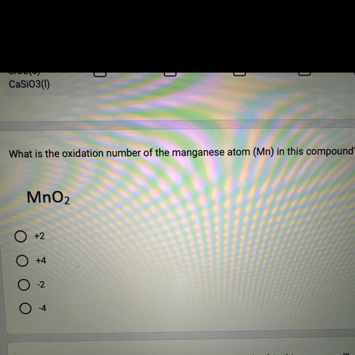 What is the oxidation number of the manganese atom (Mn) in this compound?MnO+2O +4O4