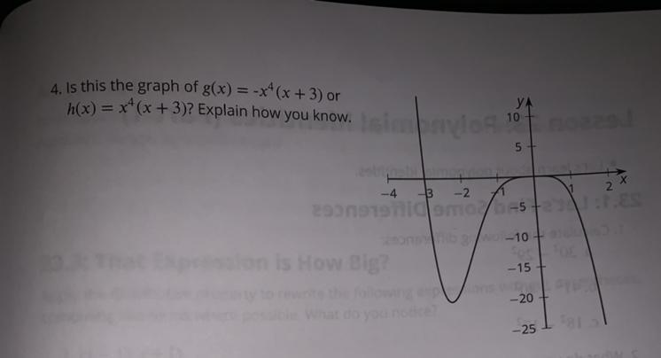 Is this the graph of g(x)=-x^4(x+3) or h(x)=x^4(x+3)? Explain how you know.