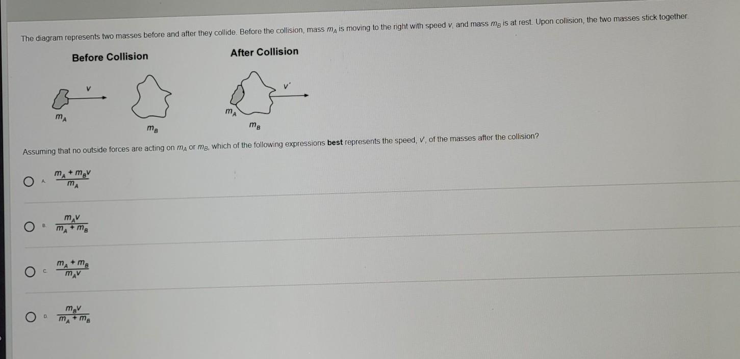 Assuming that no outside forces are acting on ma or mb, which of the following expression BEST represents