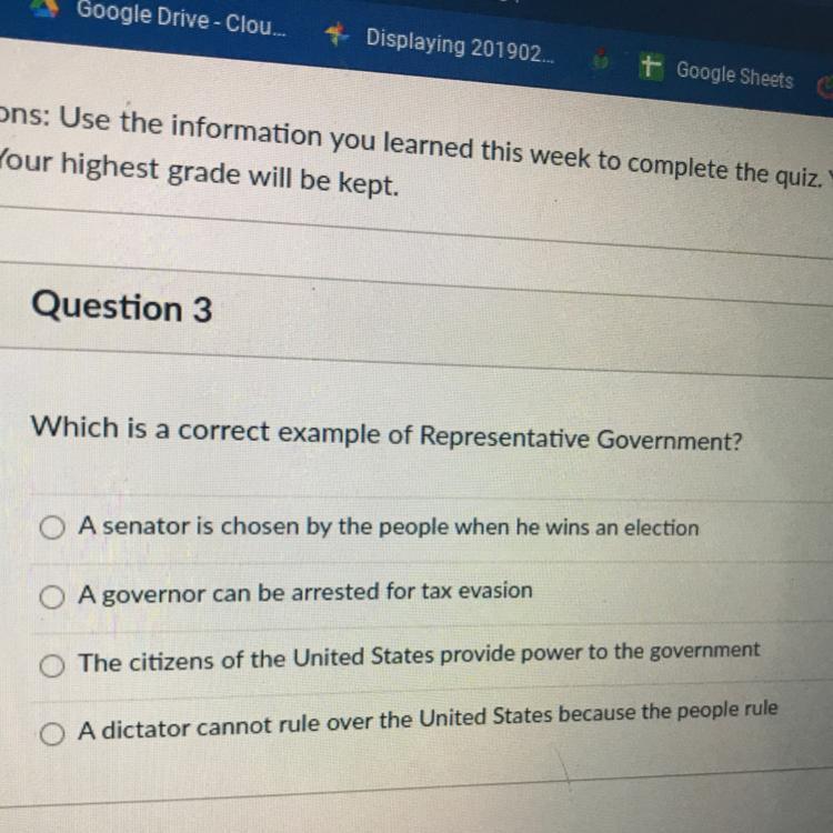 What Is The Correct Example Of Representative Government? :)