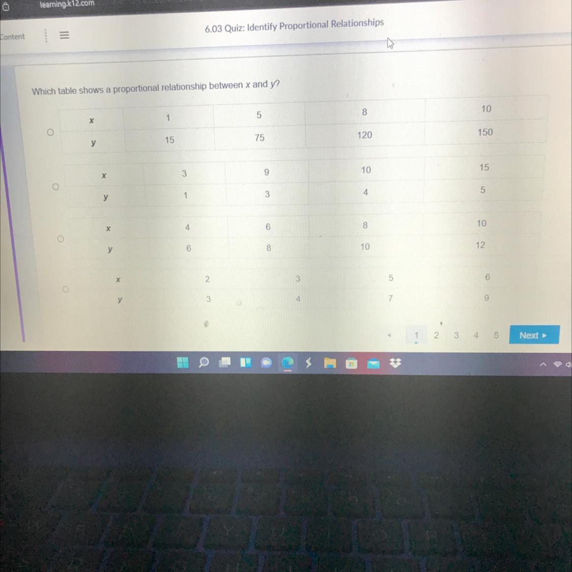 Which table shows a proportional realationship between x and y look at pic 