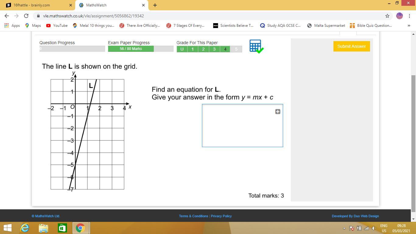The line L is shown on the grid. Find an equation for L.Give your answer in the form y=mx+c