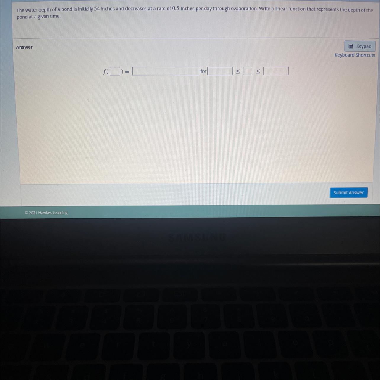 Write a linear function that represents the depth of the pond at a given time 