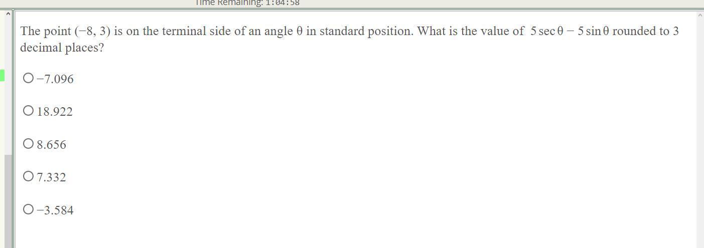 The point (-8,3) is on terminal side of angle \theta What is the value of 5 sec \theta minus- 5 sin \theta