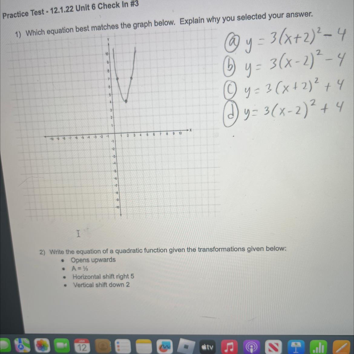 Please help!! i included a picture as well not sure if it would help !Write the equation of a quadratic