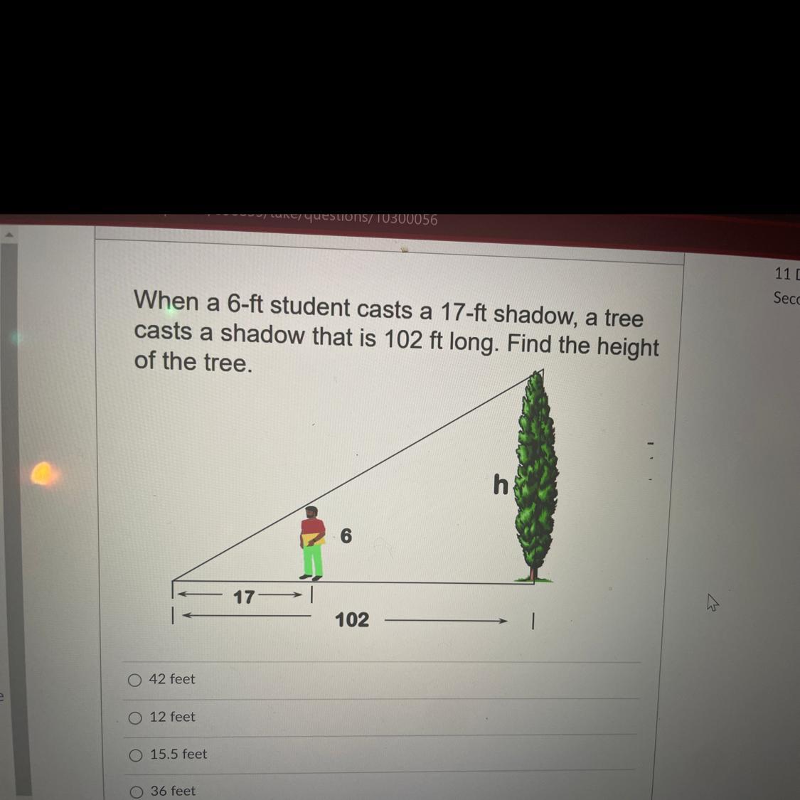 When a 6ft student casts a 17-ft shadow, a tree casts a shadow that is 102 ft long. Find the height of