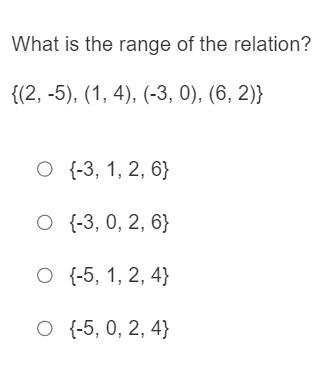 What Is The Range Of The Relation?{(2, -5), (1, 4), (-3, 0), (6, 2)}Responses{-3, 1, 2, 6}{-3, 0, 2,