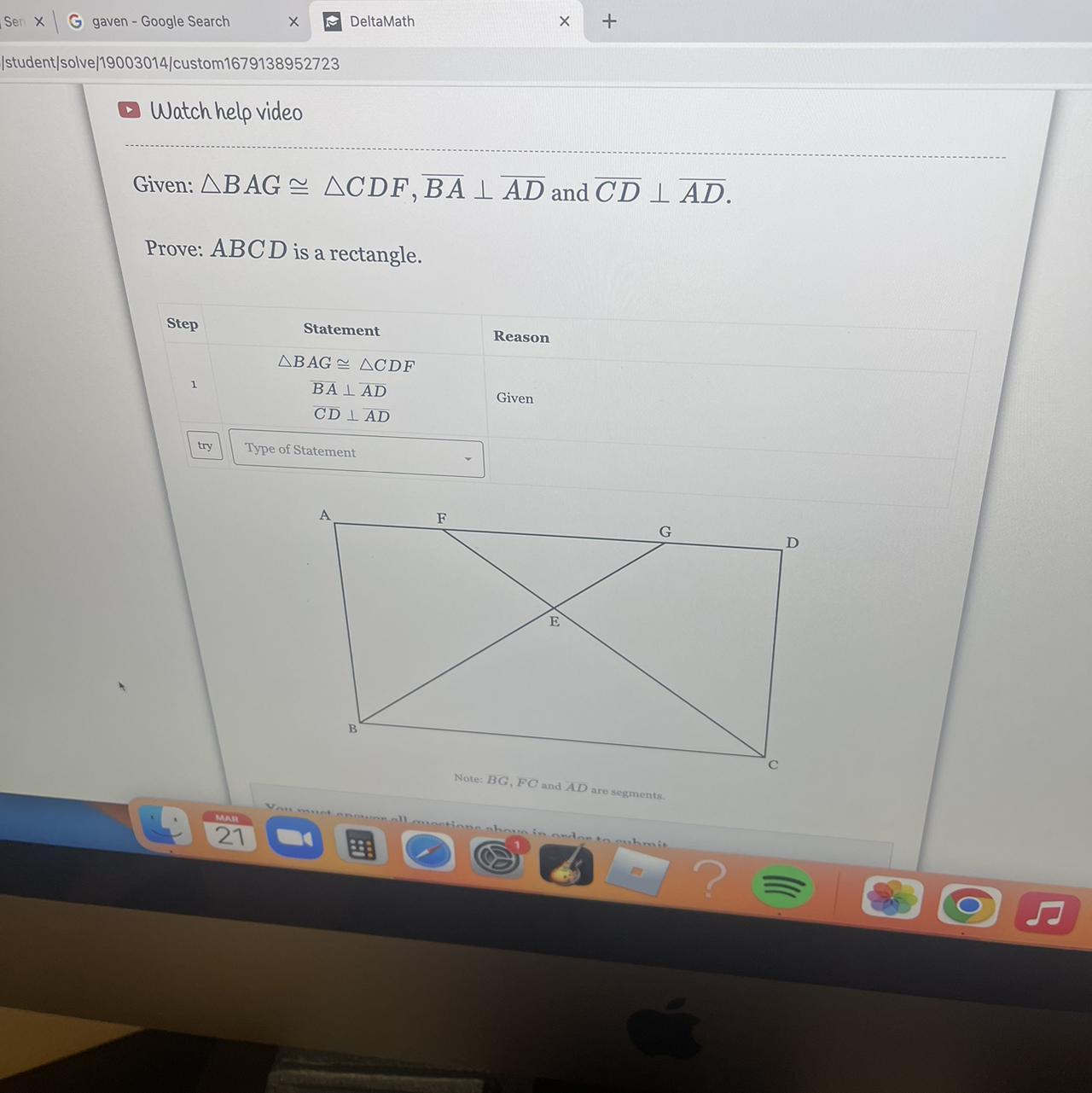 HELP geometry triangle BAG is congruent to triangle CDFBA is perp to ADCD is perp to ADprove abcd is