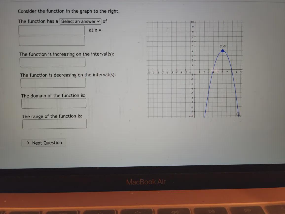 Consider the function in the graph to the right. The function has a Select an answer v of 10+ 9 at x