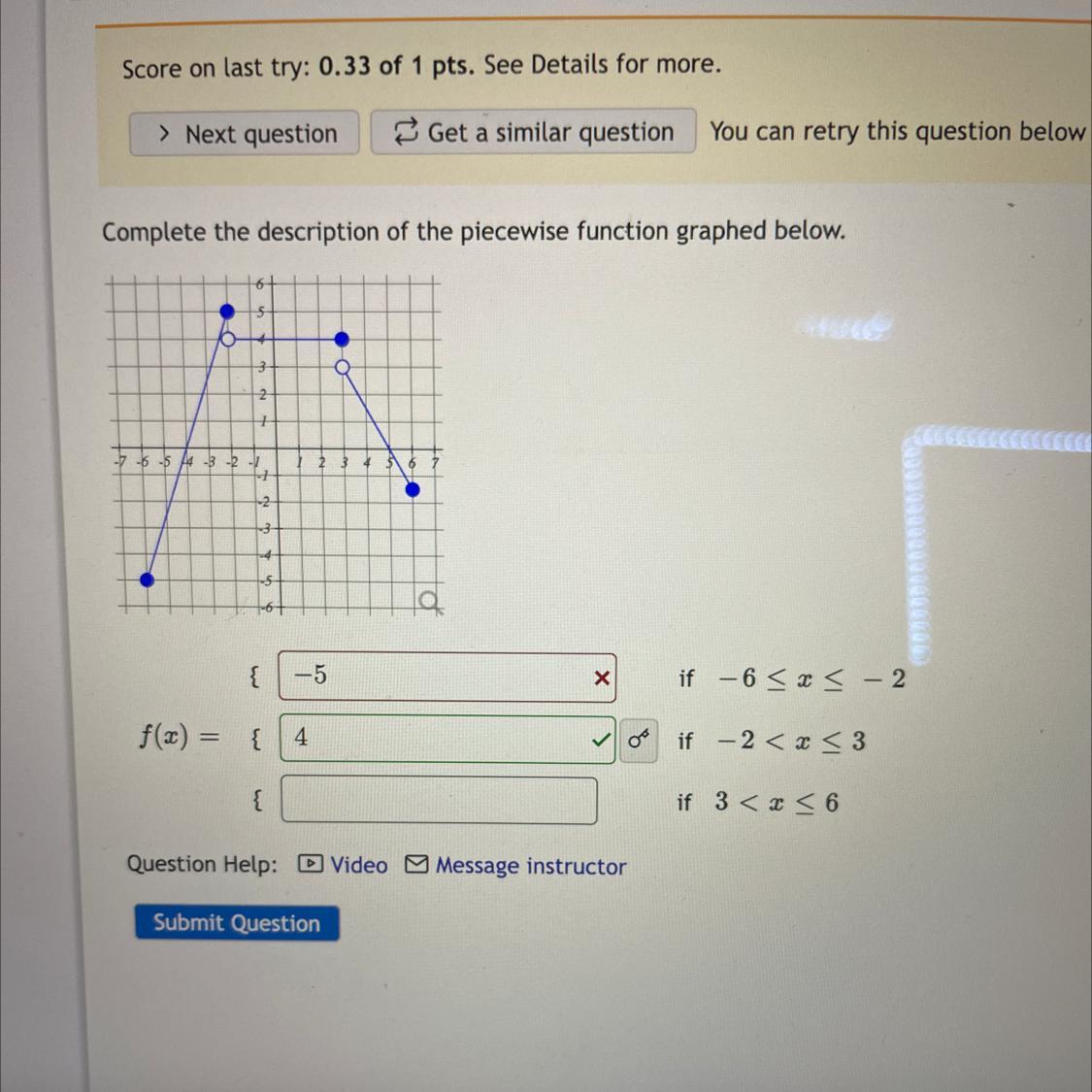 Complete the description of the piecewise function graphed below.-7 -6 -5 -3-2++{12{ -5f(x) = {4XQuestion