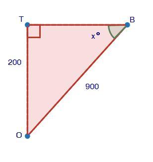 A bird (B) is spotted flying 900 feet from an observer. The observer (O) also spots the top of a tower