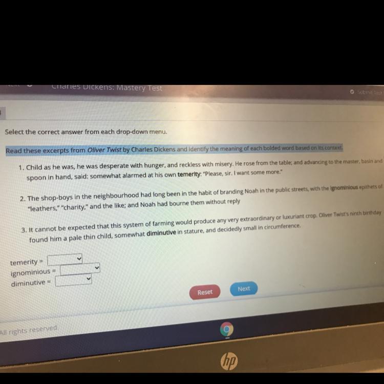 Read these excerpts from Oliver Twist by Charles Dickens and identify the meaning of each bolded word
