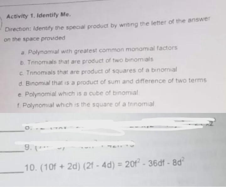 identify the special product by writing the letter of the answer provided. ( number 10 question in photo.