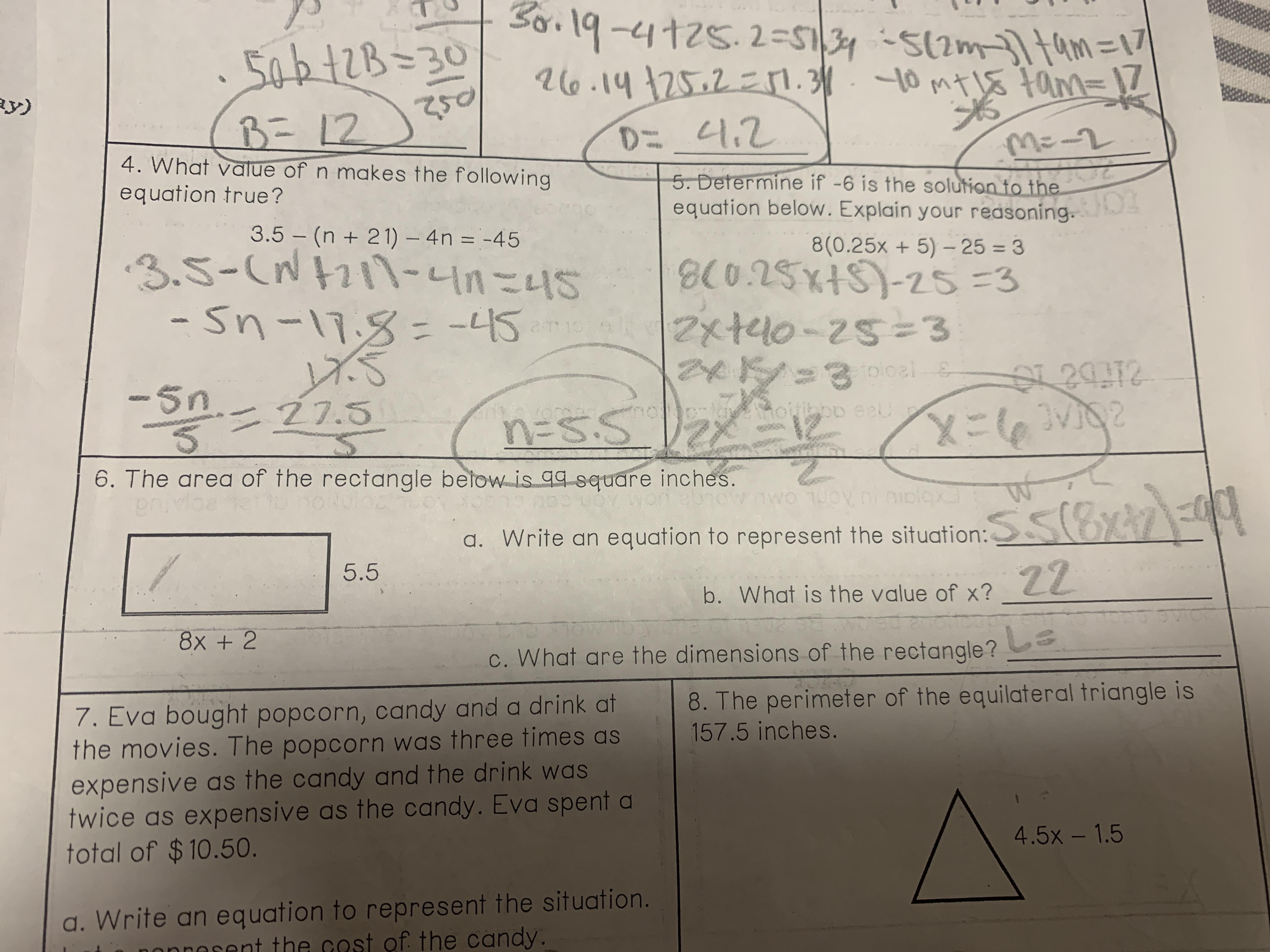 The area of a rectangle is 99 square inches5.5(8X+2)=99What is the value of X?What are the dimensions