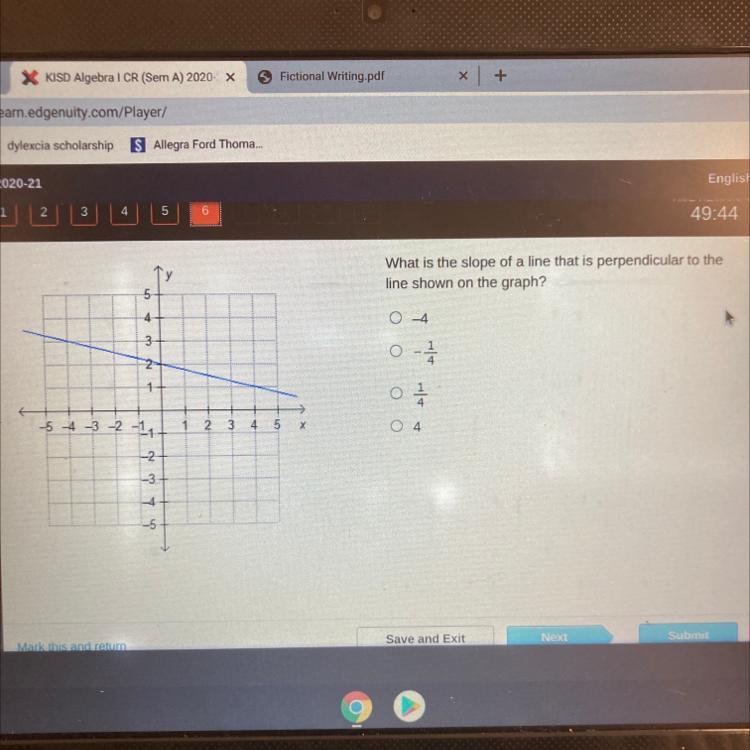 &gt;What is the slope of a line that is perpendicular to theline shown on the graph?540 -4321045 4 3