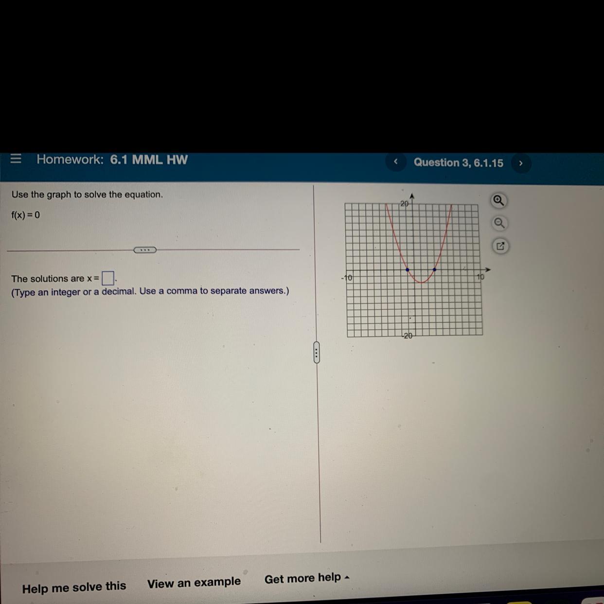 Use the graph to solve the equation.f(x) = 0The solutions are x =