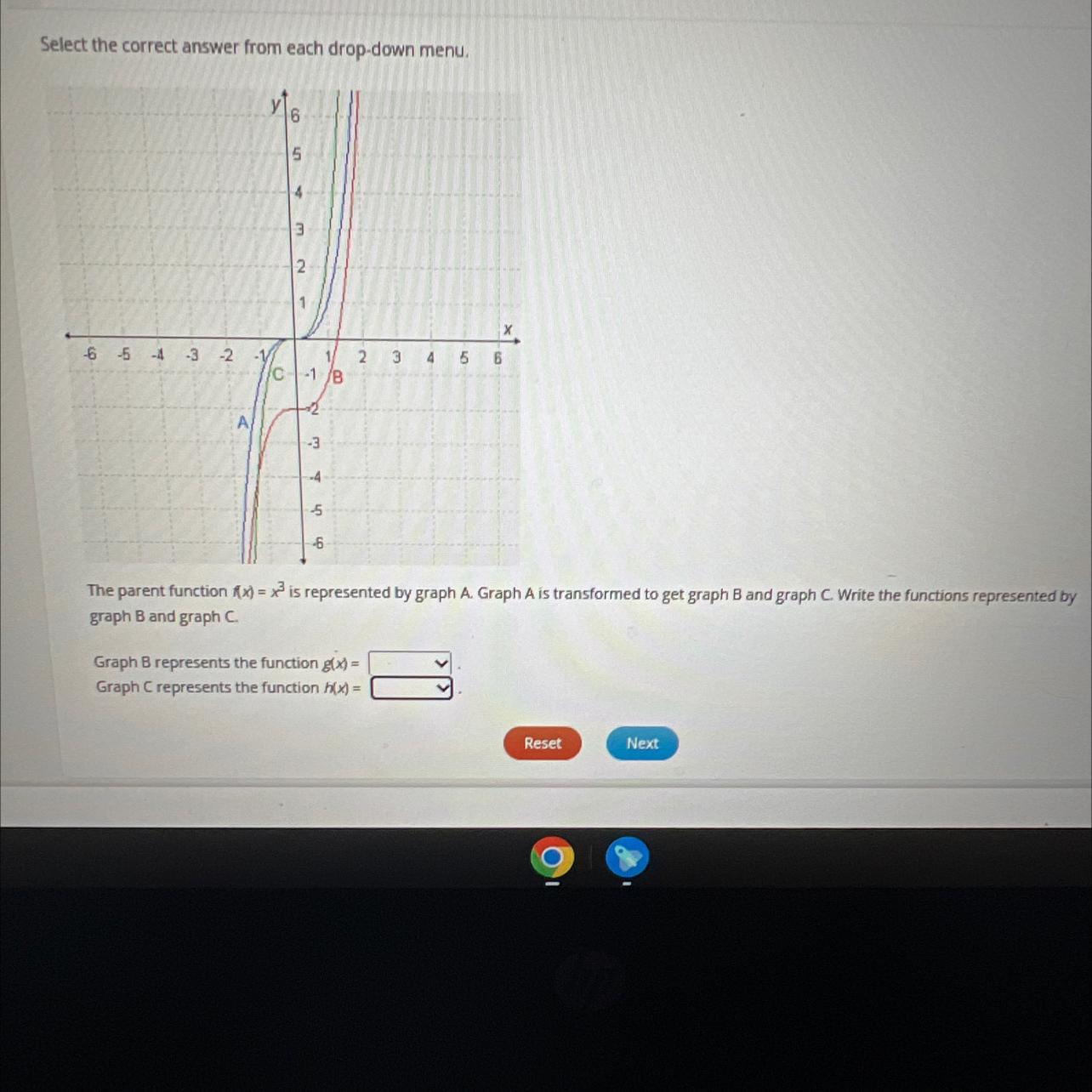 The parent function (x) = x3 is represented by graph A. Graph A is transformed to get graph B and graph