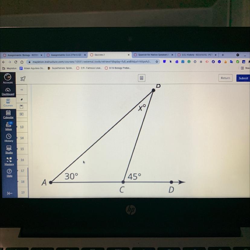 Would you please help me solve for x it should be a degrees but Im not sure what it is 