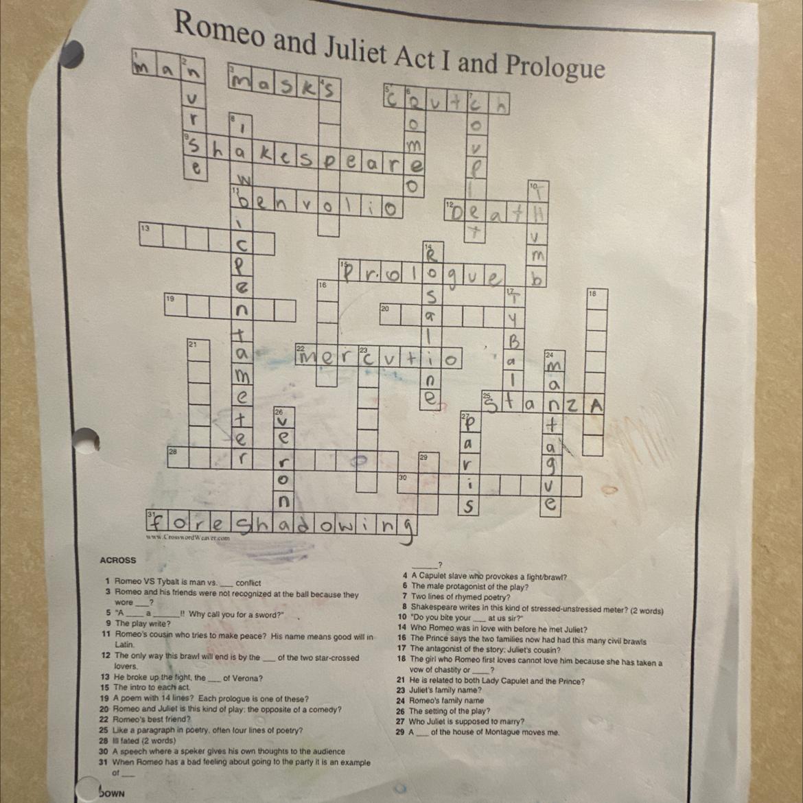 Romeo and Juliet act 1 and prologue crossword