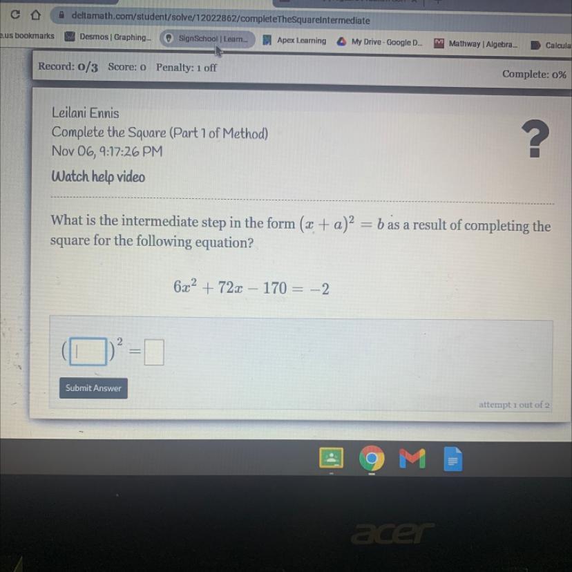 what is the intermediate step in form (x+a)^2=b as a result of completing the square of the following