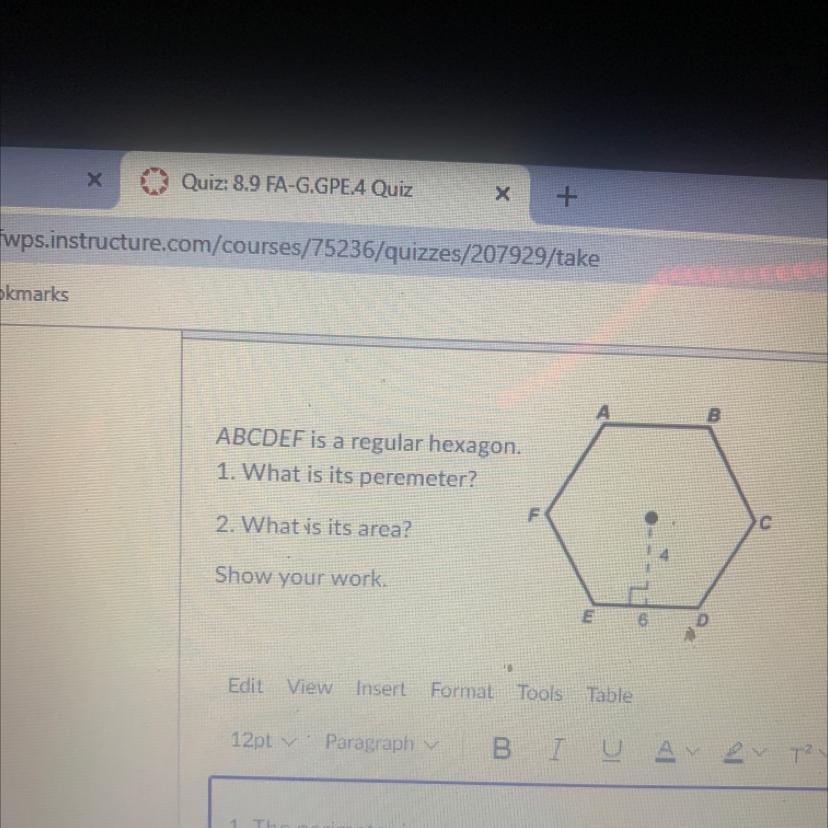 abcdef is a regular hexagon what is its perimeter what is its area